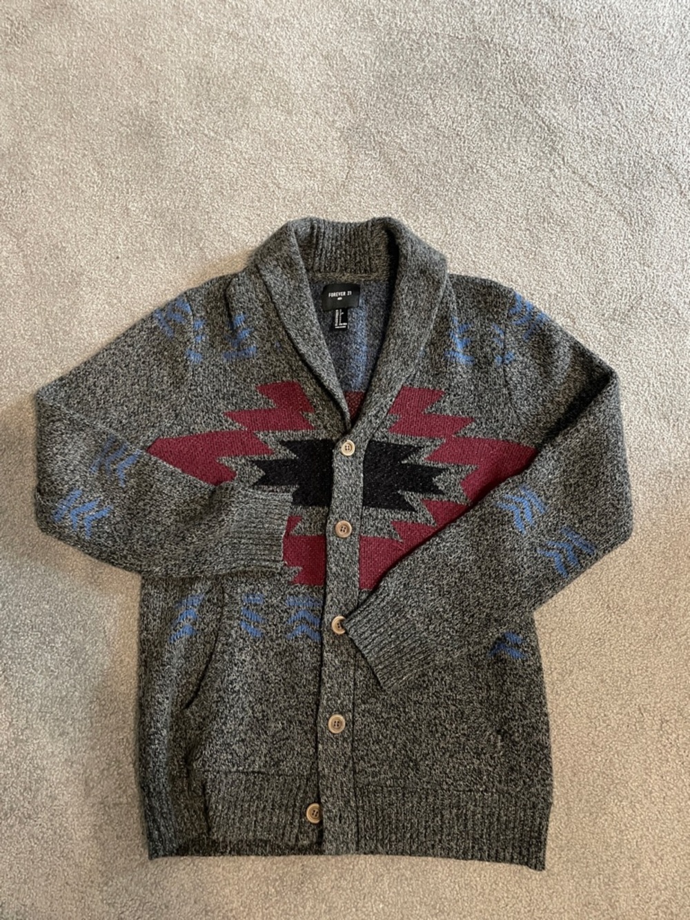 Forever 21 Gray Shawl Collar Cardigan with Burgundy, Black & Blue Aztec Pattern